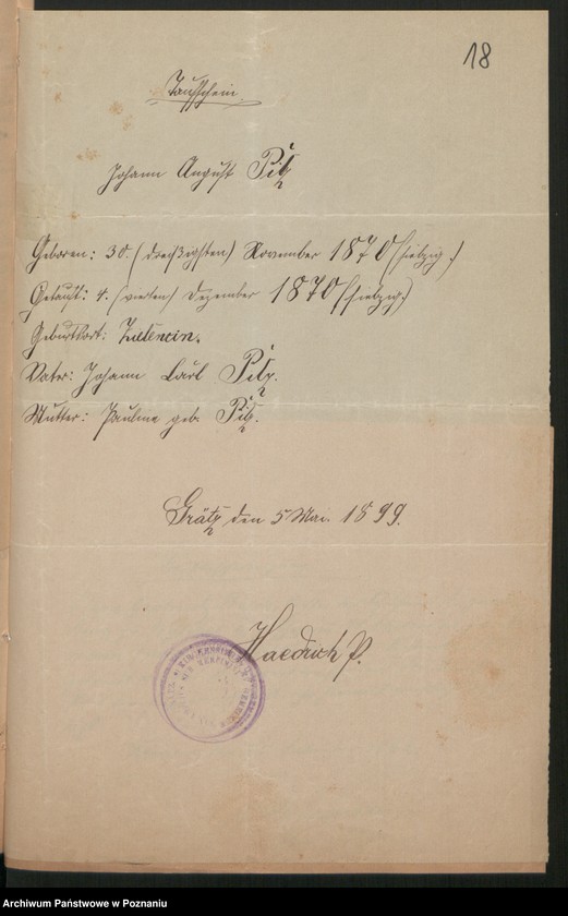 Obraz 20 z jednostki "Die von den Verlobten beigebrachten Urkunden zur Eheschliessung pro 1899"