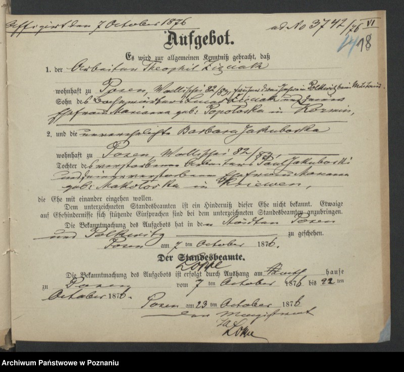 Obraz 20 z jednostki "Die von den Verlobten beigebrachten Urkunden zur Eheschliessung pro 1876"