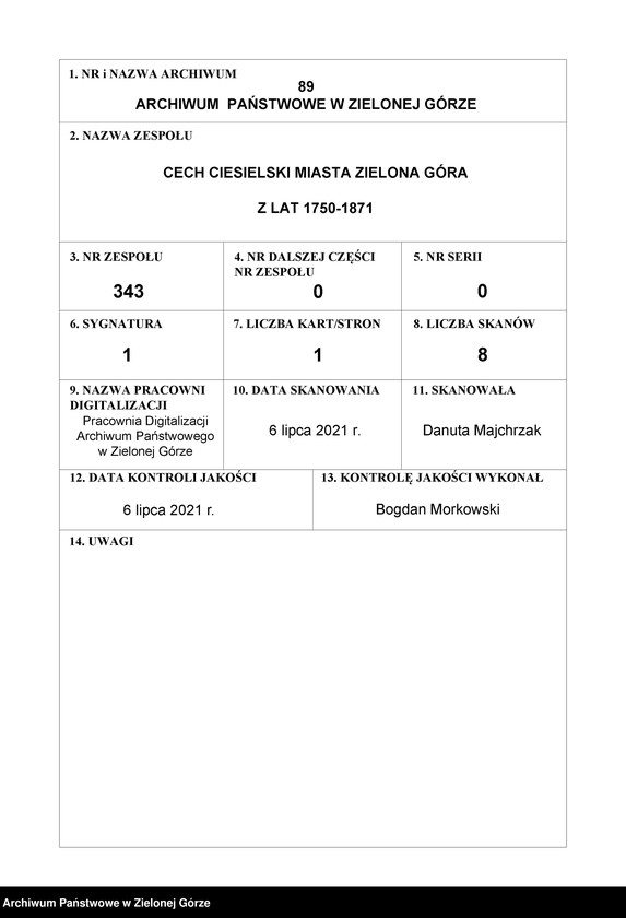 image.from.unit.number "Karol Reinoch, przełożony zakonu Jezuitów w Otyniu i administrator dóbr otyńskich wystawia Janowi Jerzemu Prüffer świadectwo prawego urodzenia"