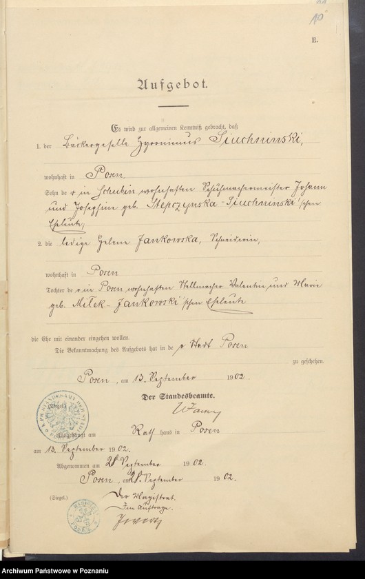 Obraz 12 z jednostki "[Dokumenty dostarczone przez narzeczonych do zawarcia związku małżeńskiego za 1902 rok. Tom XVII]"