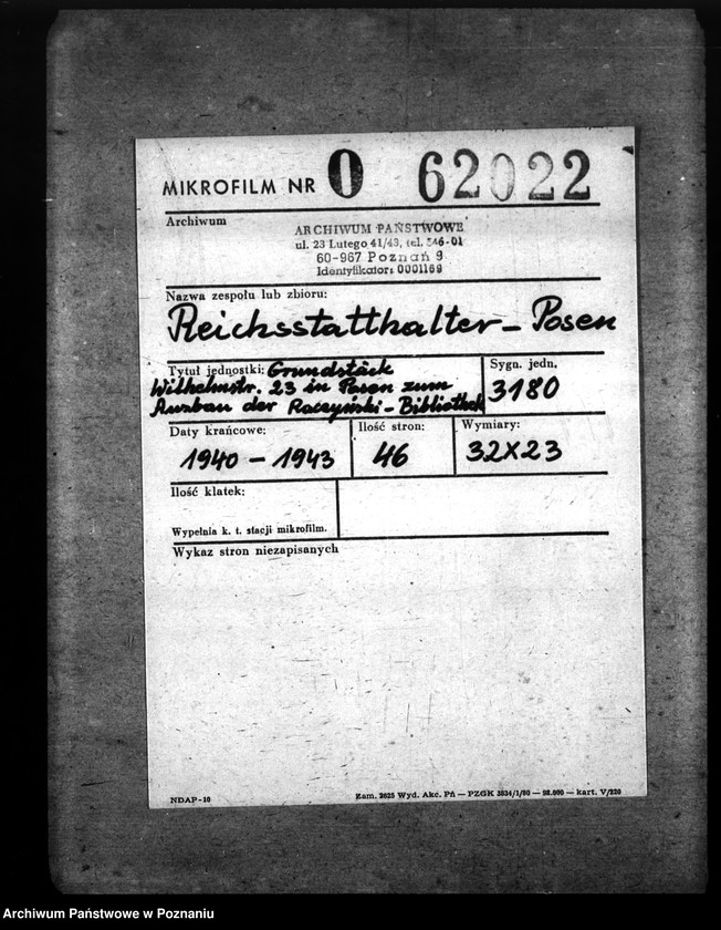 Obraz 2 z jednostki "Grundstück Wilhelmstr. 23 in Posen zum Ausbau der Raczyński Bibliothek"