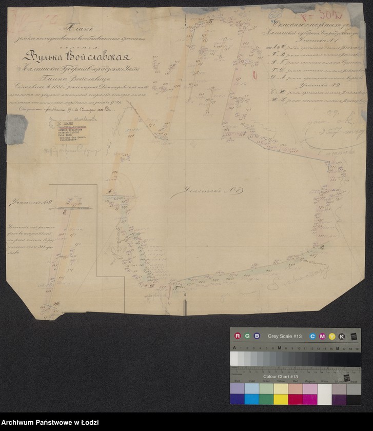 Obraz 1 z jednostki "Plan´ zemel´ postupivšich´ v´ sobstvennost´ krest´jan´ selenija Vul´ka-Voislavskaja ... sěradzskago uězda, gminy Voislavice"