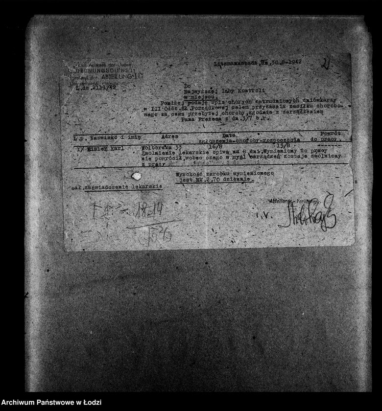 Obraz 5 z jednostki "I Ordnungsdienst [Zasiłki chorobowe dla pracowników wydziału, listy pracowników, zaświadczenia lekarskie]"