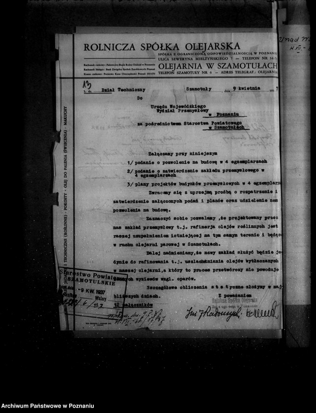 Obraz 17 z jednostki "Zatwierdzenie zakładu przemysłowego rafinerii i kotłowni/ Rolniczej Spółki Olejarskiej Spółka z o. o. w Szamotułach"