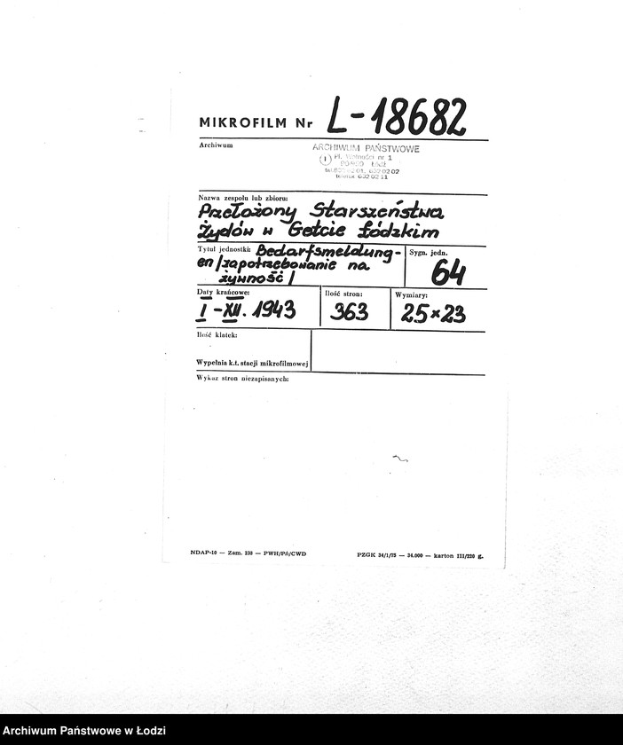 Obraz 2 z jednostki "Bedarfsmeldungen [Zapotrzebowania na żywność]"