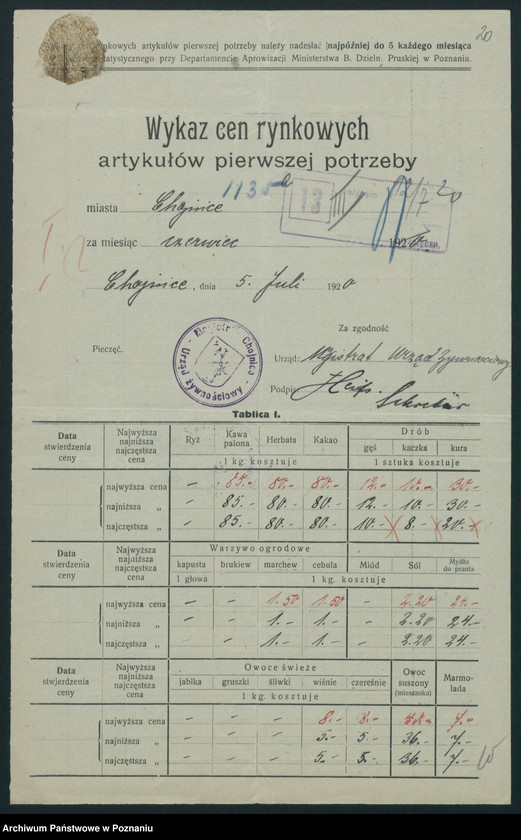 Obraz 19 z jednostki "[Wykaz cen rynkowych artykułów spożywczych w poszczególnych miastach Województwa Pomorskiego za miesiące czerwiec i lipiec 1920 roku]"