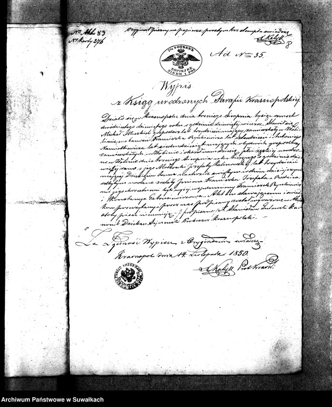 image.from.unit.number "Anneksa do Akt Zaślubionych Parafii Wigierskiey z Roku 1850-go."