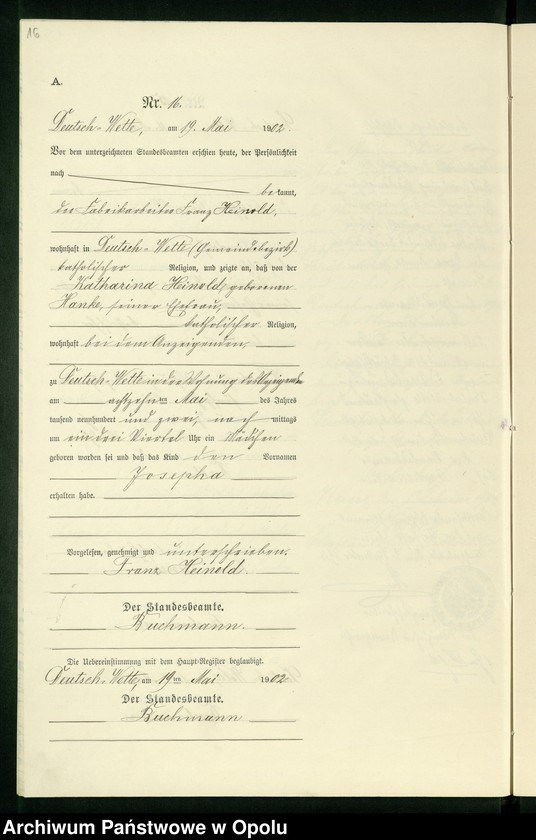 Obraz 20 z jednostki "Geburts-Neben-Register des Standesamts Deutsch Wette pro 1902"