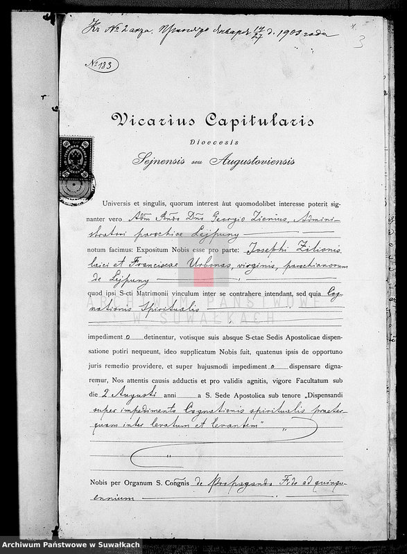 Obraz 5 z jednostki "Dokumenty Brakosočetavšichsja Lejpunskago Rimsko-Katoličeskago Prichoda za 1903 god"