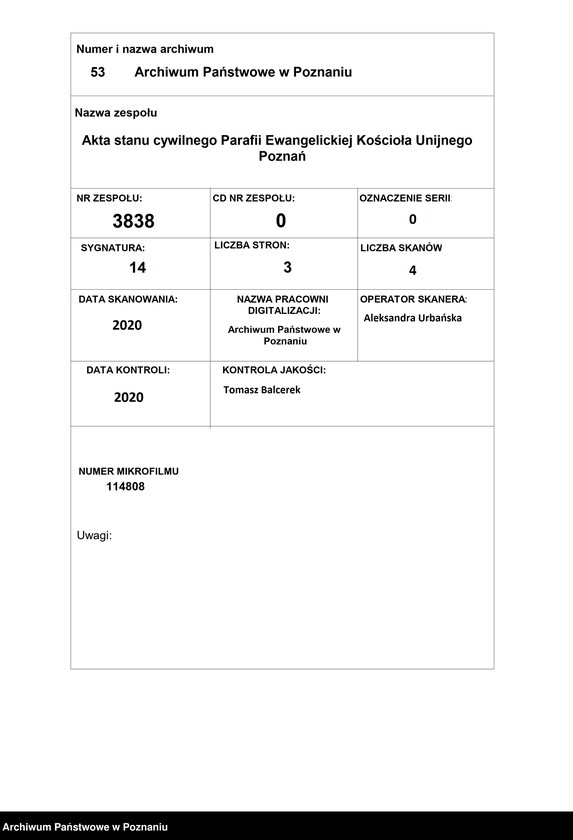 Obraz 1 z jednostki "Duplikat der Getrauten, Getauften, Gestorbenen"