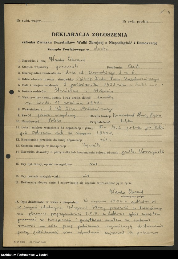 Obraz 12 z jednostki "Związek Uczestników Walki Zbrojnej o Niepodległość i Demokrację; deklaracje [członkowskie], wnioski odznaczeniowe"