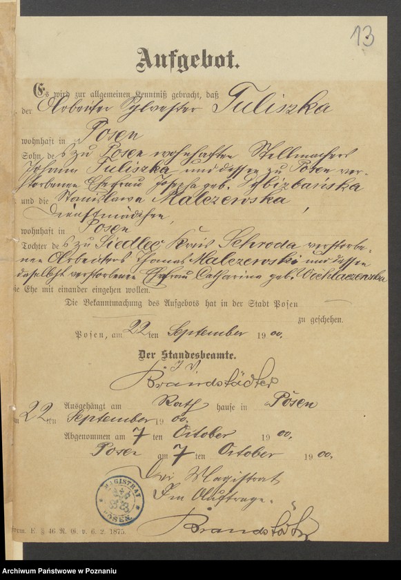 Obraz 15 z jednostki "Die von den Verlobten beigebrachten Urkunden zur Eheschliessung pro 1900"