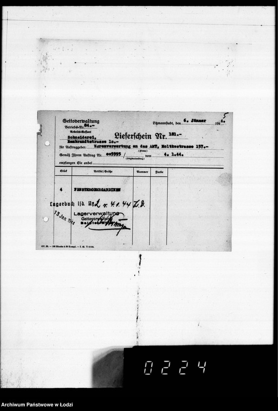 Obraz 9 z jednostki "Warenverwertung an den Ältesten der Juden 4 kompl.Gardinen [oraz konfekcji]"