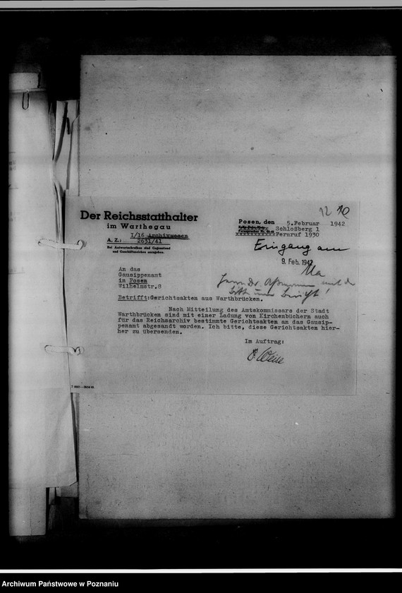 Obraz 16 z jednostki "[Korespondencja w sprawie przekazywania ksiąg kościelnych z Gausippenamt w Poznaniu do Reichsarchiv w Poznaniu]"
