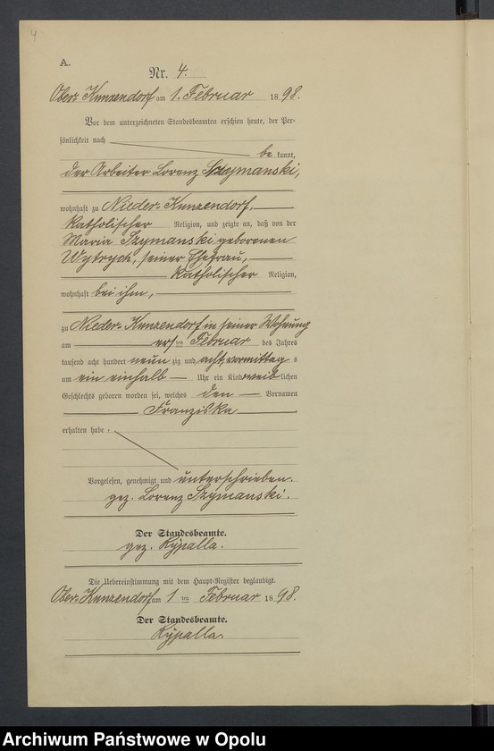 Obraz 8 z jednostki "Geburts-Neben-Register Standesamts Kunzendorf pro 1898"