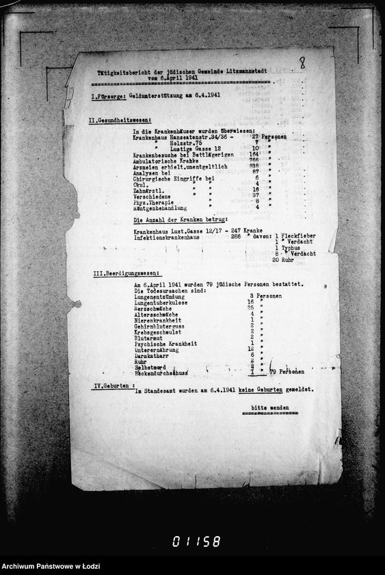 Obraz 12 z jednostki "[Dzienne, tygodniowe i miesięczne sprawozdania Gminy Żydowskiej w Getcie Łódzkim]"