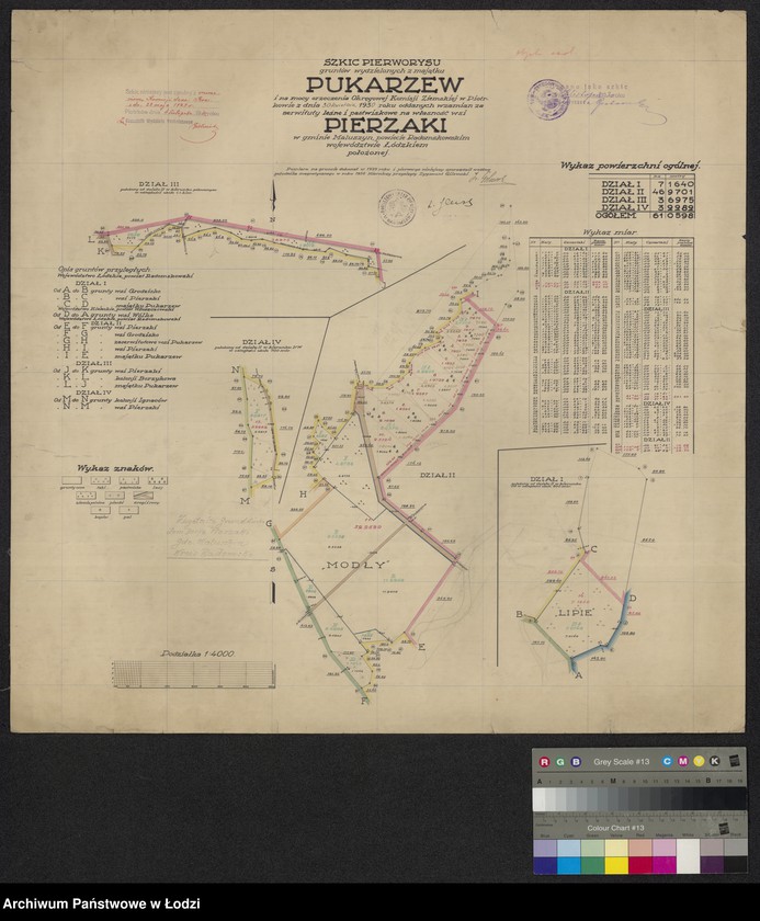 Obraz 1 z jednostki "Szkic pierworysu gruntów wydzielonych z majątku Pukarzew i oddanych w zamian za serwituty leśne i pastwiskowe oraz za zamianę gruntów na własność wsi Pierzaki w gminie Maluszyn"