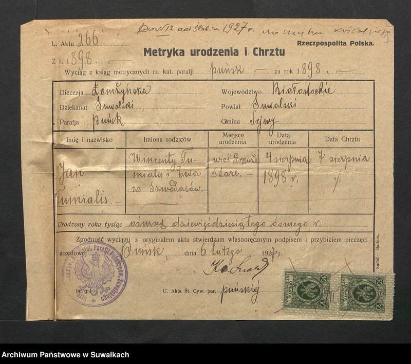 Obraz 9 z jednostki "Aneksa Aktów Ślubnych Rz-Katolickiej par. Wigierskiej za 1927 rok"