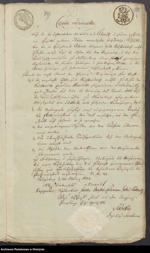 image.from.unit.number "In S. [Sachen] der Friderique Caroline Henriette geschiedene von der Oelsnitz geborene Müller wegen des in Subhastatione voluntaria erkauften Adelichen Guts Kirsteinsdorff [Kiersztanowo] H.[Haupt] Amts Osterode [Ostróda]"