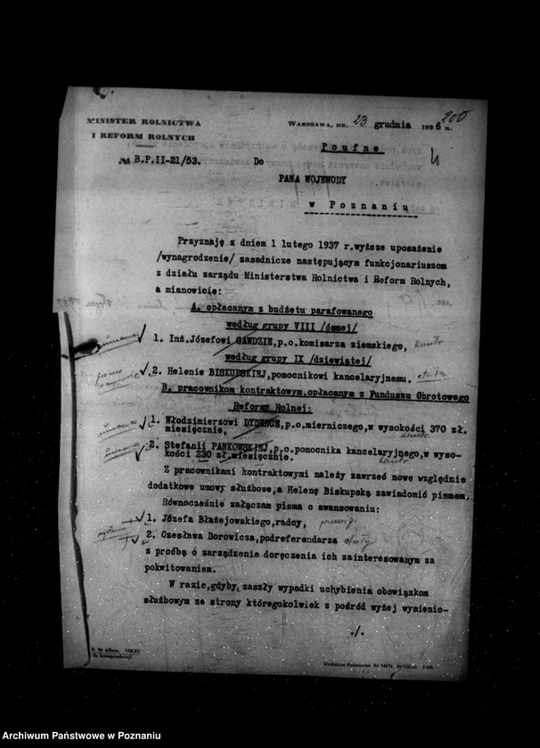 Obraz 10 z jednostki "/Awanse pracowników Urzędu Wojewódzkiego Poznańskiego w roku 1937/"