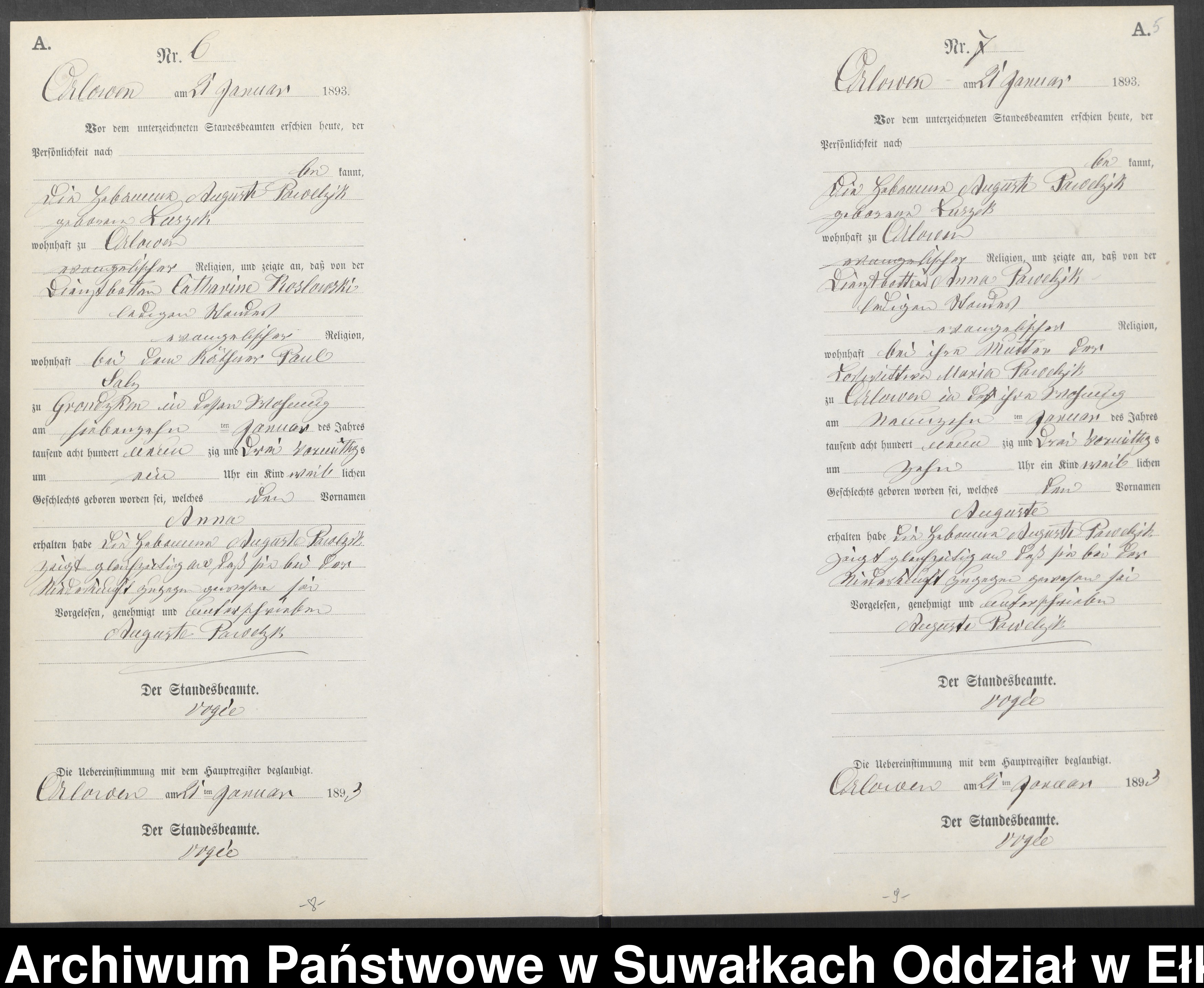 Skan z jednostki: Geburts-Neben-Register des Preussischen Standes-Amtes Orlowen Kreis Loetzen für das Jahr 1893