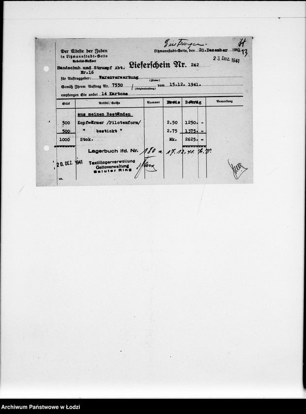 Obraz 17 z jednostki "Handschuh-u.Strumpf-Abteilung. [Świadectwa dostaw z Getta]"