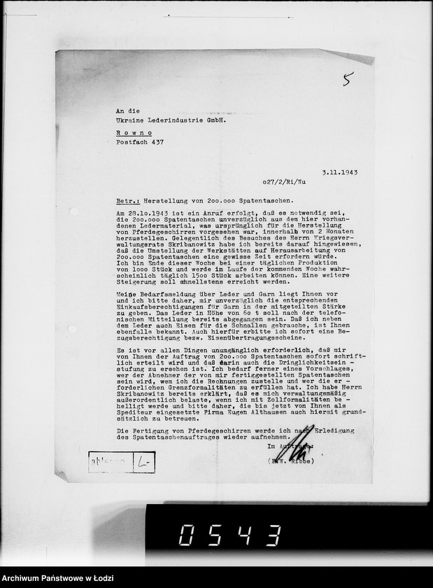 Obraz 9 z jednostki "Reichskommisar Ukraine. [Korespondencja w sprawie realizacji zamówień dla Ukraine Lederindustrie G.m.b.H w Równem]"