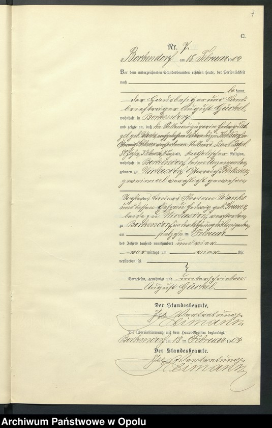 Obraz 11 z jednostki "Sterbe-Neben-Register des Standesamts Borkendorf pro 1904"