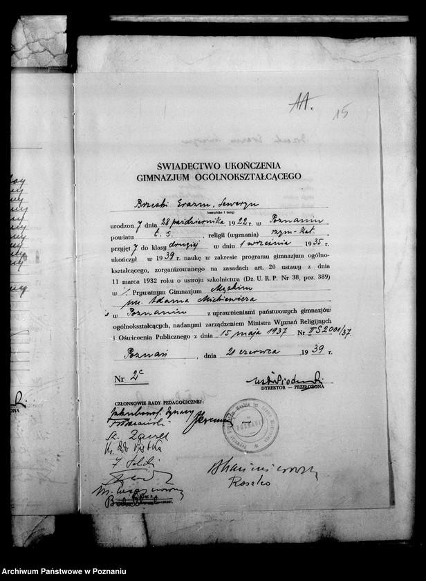 Obraz 18 z jednostki "Prywatne Liceum i Gimnazjum imienia Mickiewicza - Poznań [spis uczniów klasy II liceum oraz świadectwa ukończenia gimnazjum (IV klasy)]"