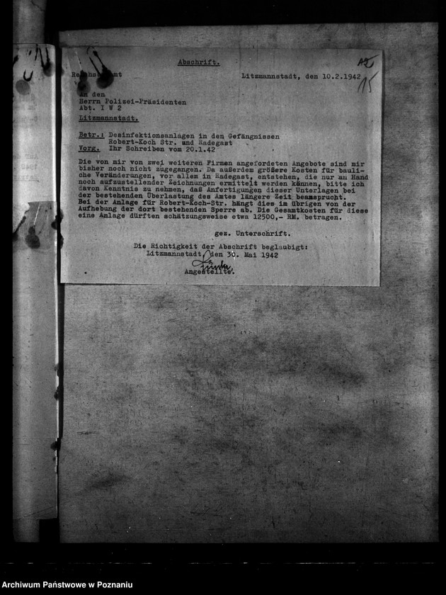 Obraz 20 z jednostki "Polizeigefängnisse - Litzmannstadt. Kutlausungsanlagen. Robert- Koch- Strasse, Radegast"