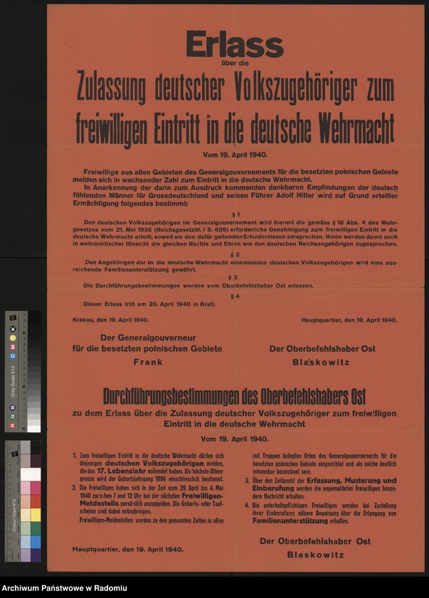 image.from.unit.number "Erlass uber die Zulassung deutscher Volkszugehoriger zum Freiwilligen Eintritt in die deutsche Wehrmacht. Vom 19. April 1940 - ogłoszenie dla ochotników do Wehrmachtu oraz przepisy wykonawcze. Podpisano: gubernator Hans Frank oraz Blaskowitz"
