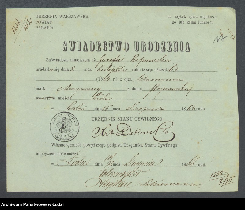 Obraz 19 z jednostki "Dowody metrykalne stałych mieszkańców m. Łodzi nr domu 1252-1254f"