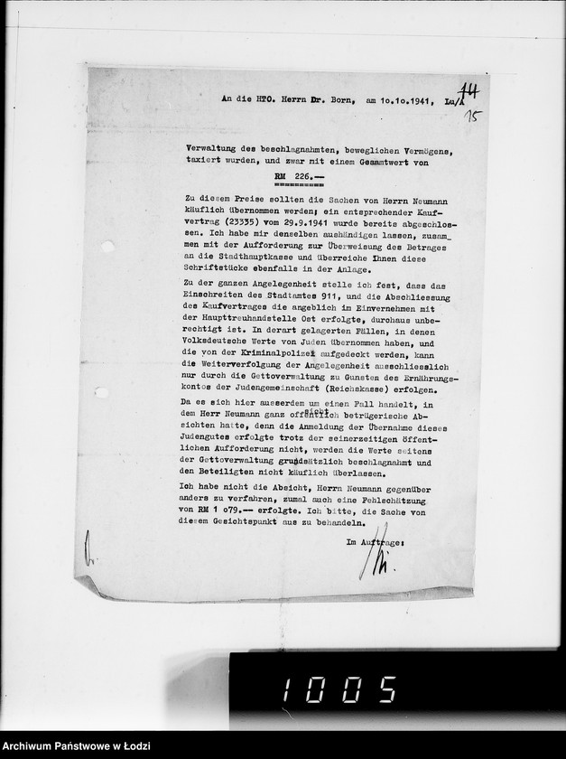 Obraz 17 z jednostki "H.T.O. [Korespondencja z Haupttreuhandstelle Ost w sprawach finansowych oraz majątku żydowskiego]"