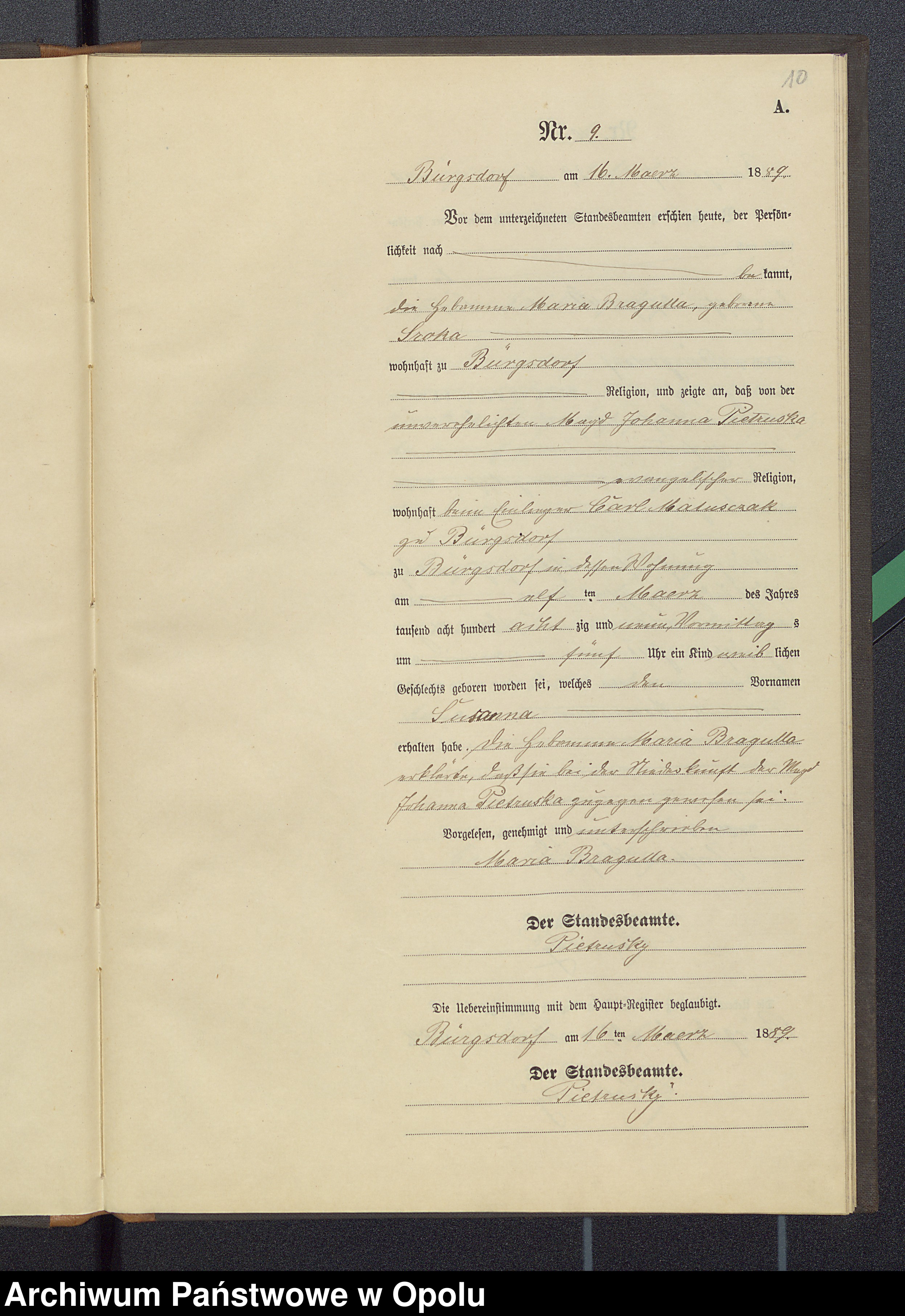 Skan z jednostki: Księga urodzeń Brzezinki 1889 rok