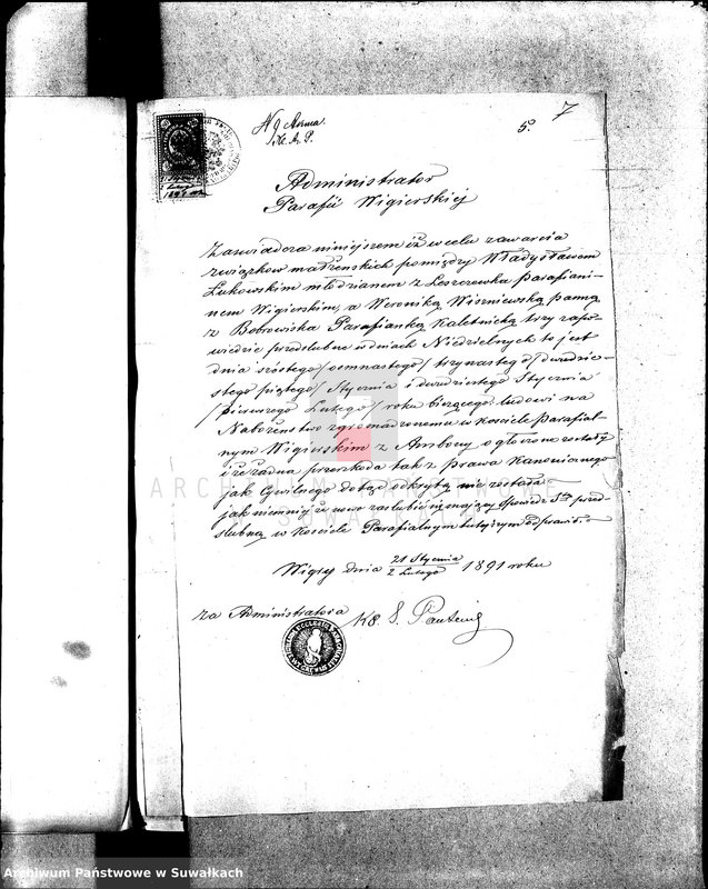 Obraz 10 z jednostki "[Dokumenty do akt małżeństw wyznania rzymsko-katolickiego parafii w Wigrach]"