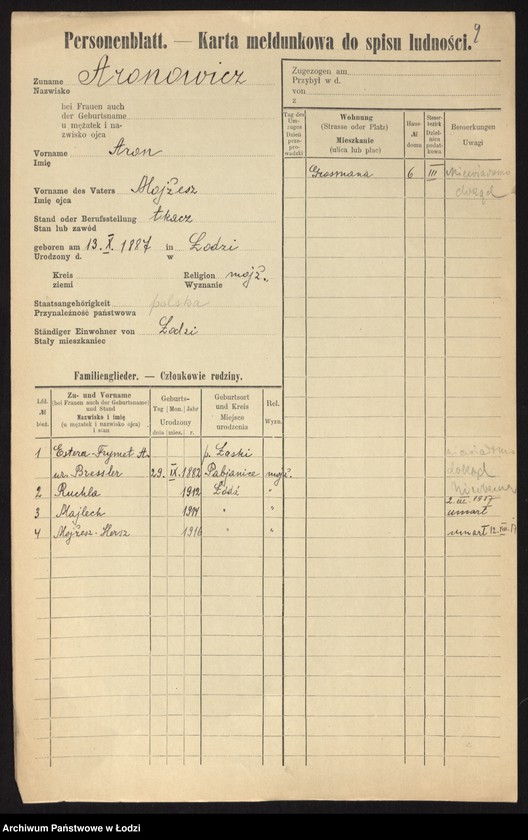 Obraz 11 z jednostki "[Spis ludności Łodzi] Aronowicz - Auerbach"