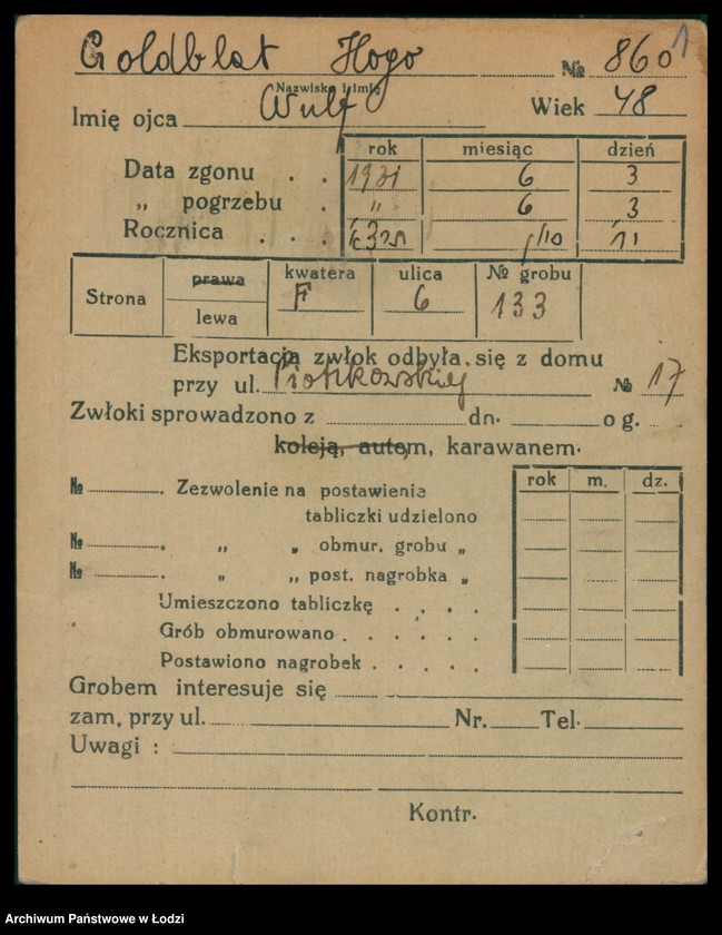 Obraz 2 z jednostki "Kartoteka osób pochowanych na cmentarzu żydowskim przy ulicy Brackiej w latach 1892-1954. Nazwiska na litery: Goldbl-Goldsz"