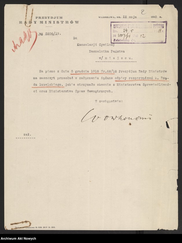 image.from.unit.number "Odpisy postanowień Tymczasowego Rządu Ludowego RP I. Daszyńskiego oraz dekrety przesłane do zatwierdzenia Naczelnikowi Państwa przez Radę Ministrów, pod przewodnictwem J. Moraczewskiego a następnie I. Paderewskiego."
