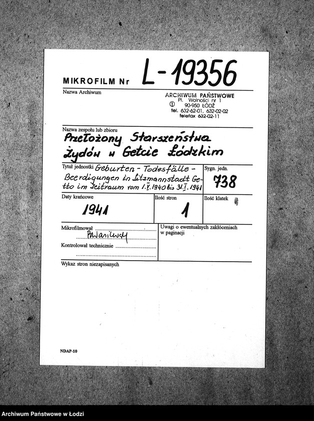 Obraz 2 z jednostki "Geburten Todesfälle Beerdigungen in Litzmannstadt Getto im Zeitraum vom 1 V 1940 bis 31 I 1941"