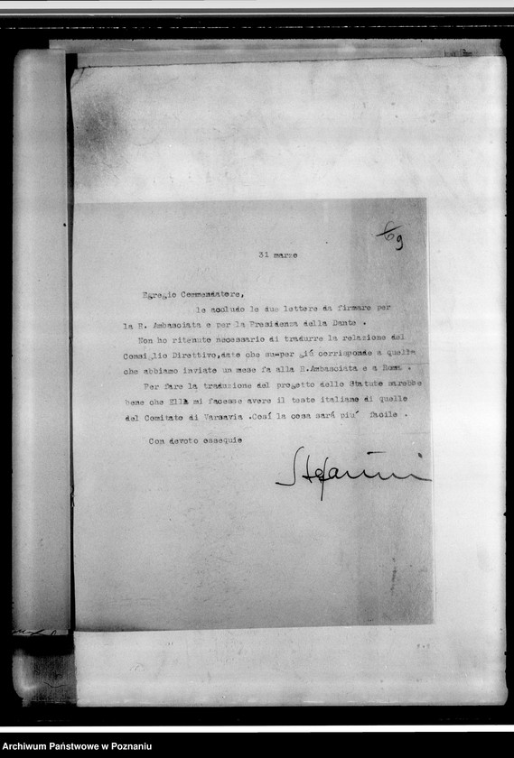 Obraz 13 z jednostki "Stowarzyszenie "Polonia- Italia" w Poznaniu: a/ dokumenty dotyczące założenia Towarzystwa /statut i inne/, b/ sprawozdania roczne z działalności i protokoły zebrań, c/ korespondencja różna, d/ listy członków, e/ druki, afisze"