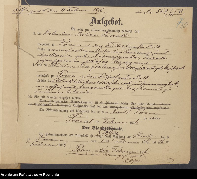 Obraz 12 z jednostki "Die von den Verlobten beigebrachten Urkunden zur Eheschliessung pro 1876"