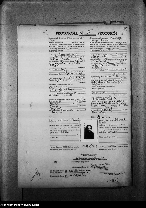 Obraz 19 z jednostki "[Protokoły stwierdzające na podstawie zeznań 2 świadków personalia i tożsamość osób ubiegających się o kartę tożsamości]"