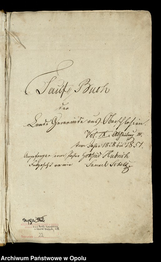 Obraz z jednostki "Taufbuch der Landgemeinden aus Oberschlesien bey der Kirche zu Löwen von Jahre 1828 bis [...] 1851"