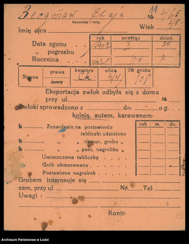 Obraz 12 z jednostki "Kartoteka osób pochowanych na cmentarzu żydowskim przy ulicy Brackiej w latach 1892-1955. Nazwiska na litery: Bergm-Berz"