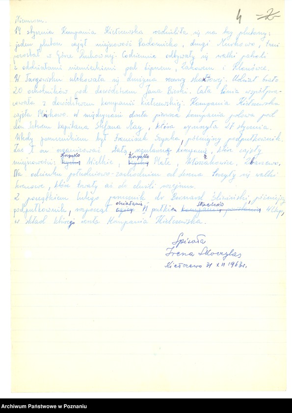 Obraz 15 z jednostki "Relacje i wspomnienia dotyczące powstania wielkopolskiego: 1. Kiełczewo, powiat Kościan, województwo poznańskie, 2. Kłecko, powiat Gniezno, województwo poznańskie, 3. Kościan, powiat Kościan, województwo poznańskie, 4. Kobylin, powiat Krotoszyn, województwo poznańskie, 5. Kowalewo, powiat Pleszew, województwo poznańskie, 6. Koźmin, powiat Turek, województwo poznańskie. Zdjęcia: s.64 - fotografia autora relacji."