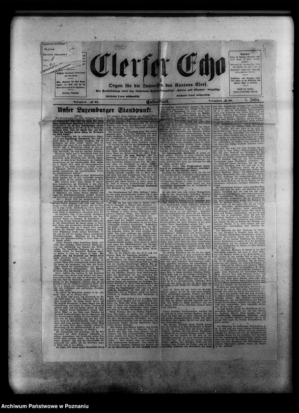 image.from.unit.number "Afisze, druki, odezwy, wycinki prasowe związane z wybuchem wojny i jej przebiegiem, między innymi telegramy: o mobilizacjiz 2 sierpnia 1914 roku i rekwirowaniu pojazdów oraz rozkład jazdy pociągów specjalnych w związku z mobilizacją [język niemiecki.]"