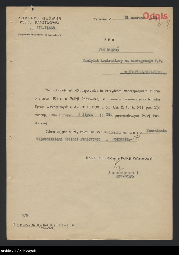 image.from.unit.number "Przydziały nowomianowanych posterunkowych Policji Państwowej w województwie poznańskim. Dekrety mianowania, wykaz, korespondencja."