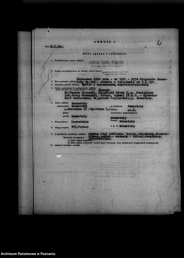 Obraz 6 z jednostki "Kwestionariusz Rolniczej Spółki Olejarskiej Spółka z o. o. w Szamotułach"