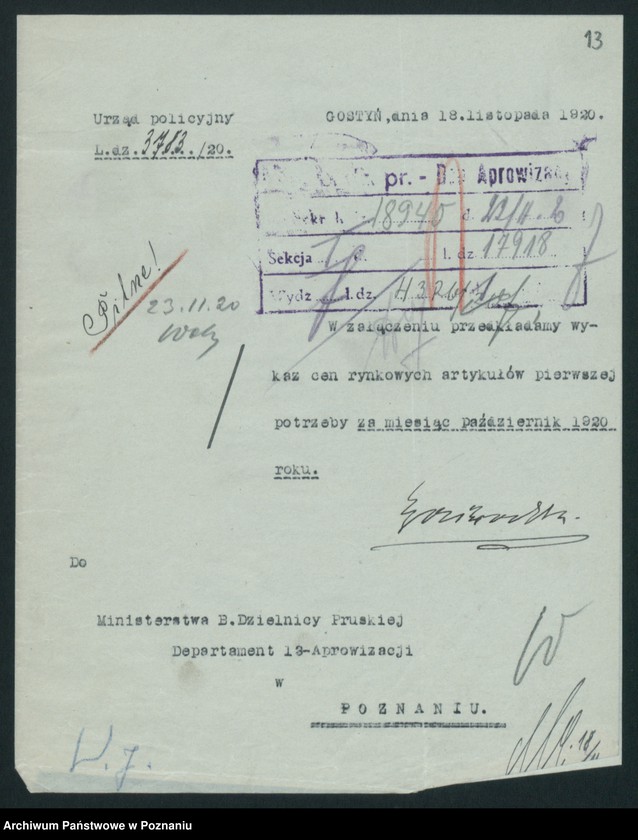 Obraz 15 z jednostki "[Wykazy cen rynkowych na artykuły spożywcze w poszczególnych miastach Województwa Poznańskiego za miesiąc październik 1920 roku]"