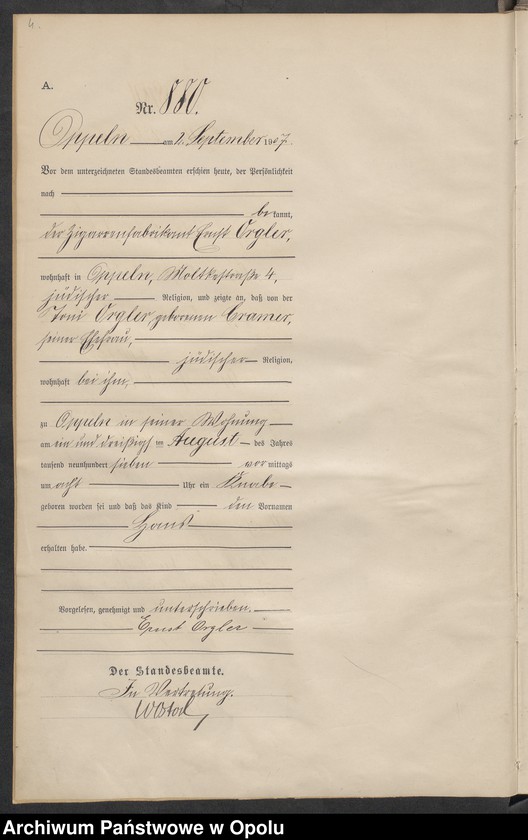 image.from.unit.number "Urząd Stanu Cywilnego w Opolu 1907 Rejestr Urodzeń miejscowa Nr 878 do 1277"